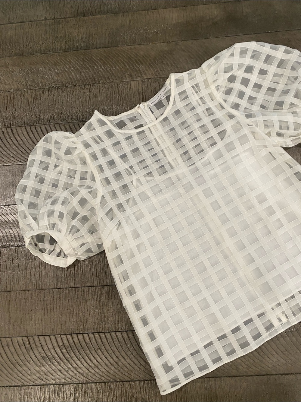 English Factory White Sheer Gingham Puff-Sleeve Blouse